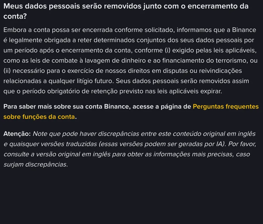 Resposta oficial da Binance sobre a remoção de dados pessoais no encerramento da conta: a conta pode ser encerrada, mas parte dos dados fica retida pelo período exigido pelas leis de combate à lavagem de dinheiro e ao financiamento do terrorismo