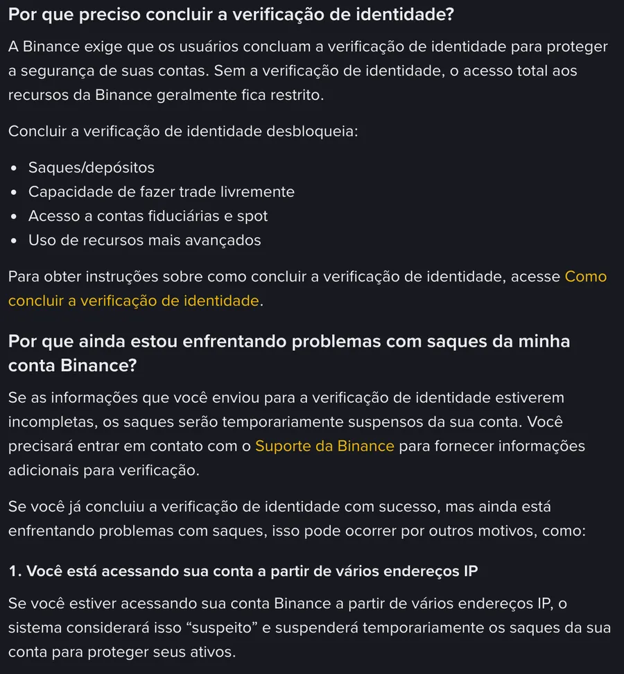 Resposta da central de ajuda da Binance sobre por que concluir a verificação de identidade: proteger a segurança da conta e liberar saques e depósitos, trade, contas fiduciárias e spot e recursos mais avançados
