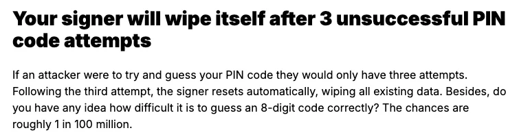 Section of a Ledger Academy article headed Your signer will wipe itself after 3 unsuccessful PIN code attempts: anyone trying to guess the PIN only has three attempts, and after the third the signer resets automatically, wiping all existing data